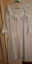 VTG 60s MOD Shadowline Large SHEER Lt. Blue Nylon Robe Ruffle Lace Trim L/S USA