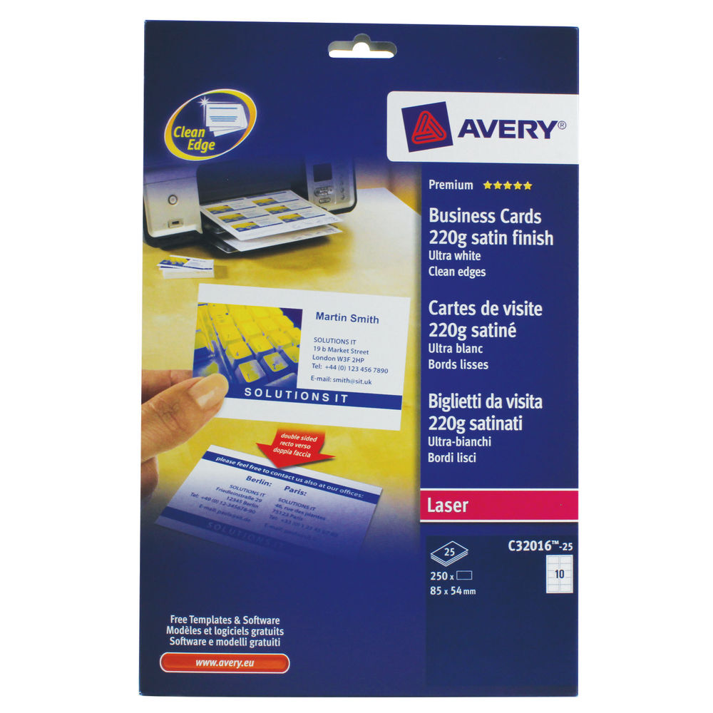 Avery Laser Business Cards DblSided Satin Wht Pack of 250 C3201625 eBay