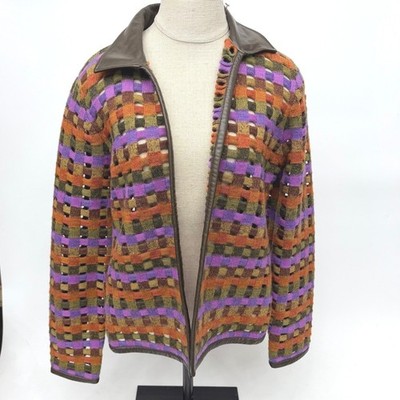 Sigrid Olsen Women Medium Wool Open Knit Cardigan Leather Trim Multicolor Jacket