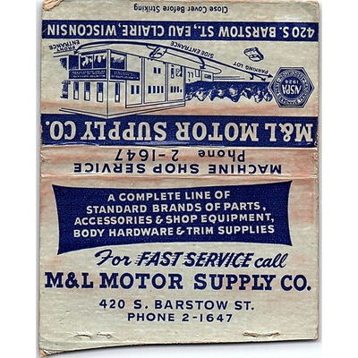 #ad Mamp;L Motor Supply Co Barstow St Eau Claire Vintage Large Matchbook Cover ML1 8 $27.00