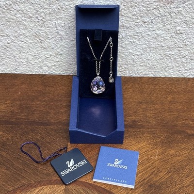 Swarovski Signed Silver Tone pink Teardrop Crystal Pendant Necklace Adjustable