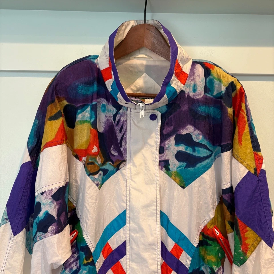 Chaqueta de esquí geométrica abstracta East West años 80 para mujer mediana nailon cremallera bloques de colores Foto 2 de 4