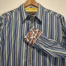 Robert Graham Striped Floral Embroider Men's Button Down Shirt Blue Size L