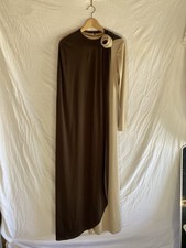 Vintage  Brown Beige Maxi Dress Colorblock Shoulder Rosette Long Sleeve Size 38
