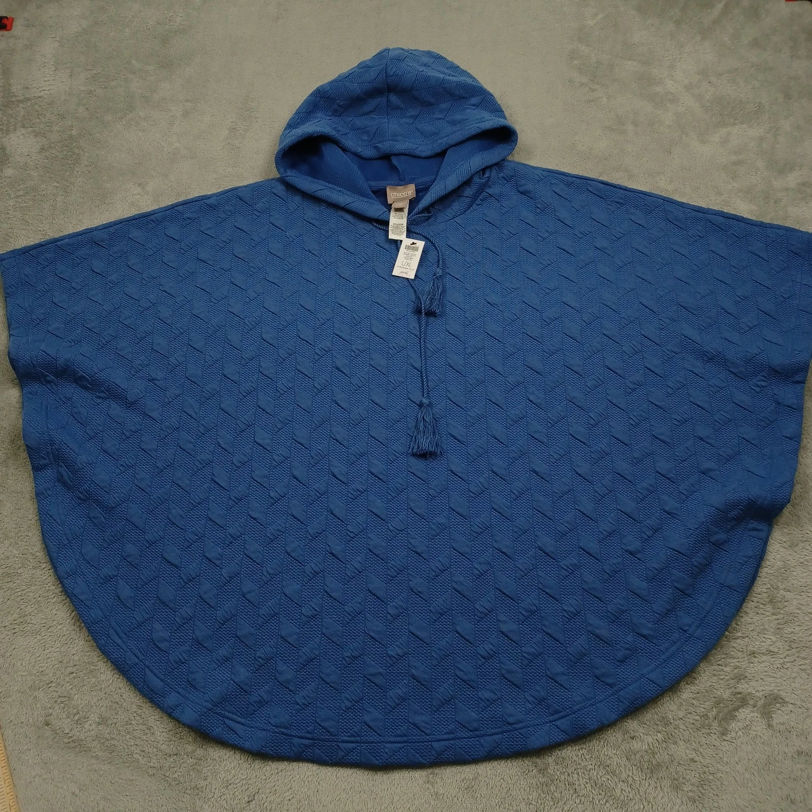 Chicos Sweater Womens Large Blue Quilted Poncho Hooded Preppy NWT
