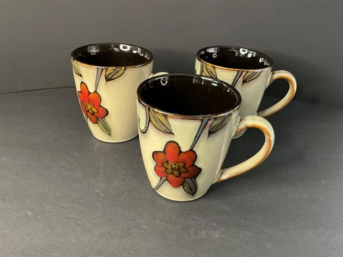 Mikasa Gourmet Basics Blossom Vine Mug Set of 3 Beige Stoneware Red Floral 13 oz