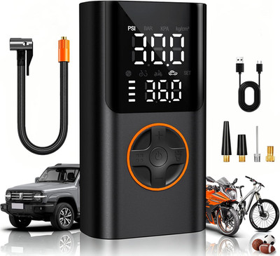 Tire Inflator Portable Air Compressor, Bike Pump with Gauge and USB Charging Out