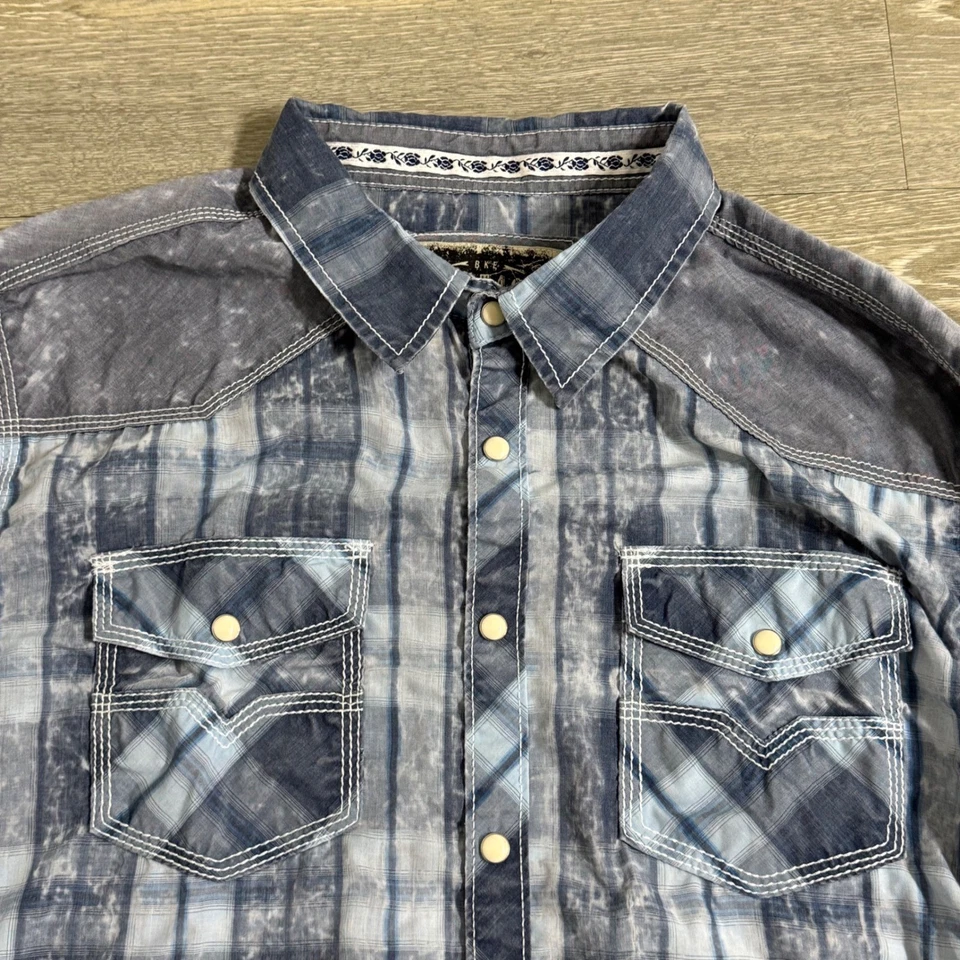 Camisa BKE Vintage Perla Franela a Presión Azul Lavado Para Hombres Grande Roll-Tab Western Foto 3 de 4