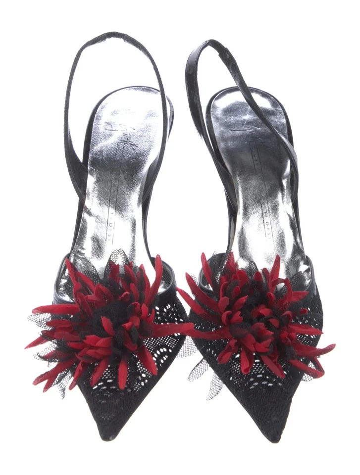 GIUSEPPE ZANOTTI Black Patent Mesh Flowers Slingback Pumps 7.5 IT 37.5 Very Good - Image 3 of 4