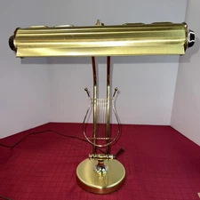 Vintage Early MCM Brass Piano Or Desk Lamp Harp Shaped Column 2 Adj Points