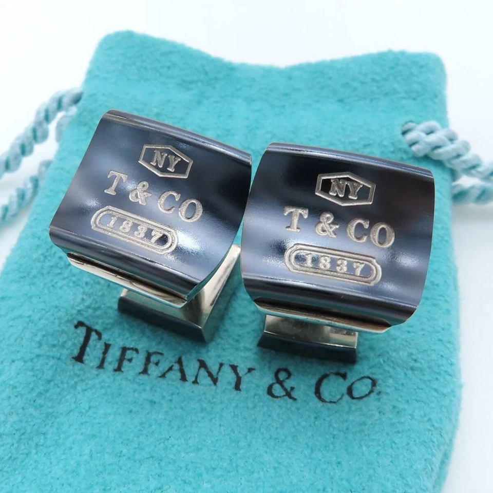Tiffany & Co. 1837 Square Cufflinks Black Titanium Sterling Silver Jewelry Pouch - Image 3 of 4