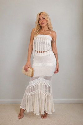Women's White Crochet 2 Piece Set Top & Skirt Matching Outfit