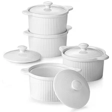 DOWAN 7oz White Ramekins Set of 4 Oven Safe w/ Lids, Handles for Baking, Souffle