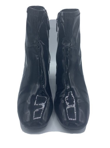 Bershka SZ 38 (US Size 7.5) Black Shiny Faux Leather Ankle Block Heel Boots EUC - Picture 2 of 10