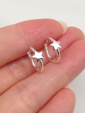 Silver Star Huggie Hoop Earrings 925 Sterling Silver Tiny Hoops 11.5mm x1mm