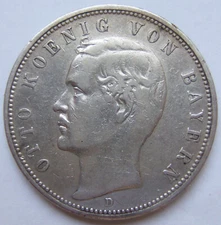 Coin Empire Silver 5 Mark Otto King of Bavaria 1888 D in Very fine