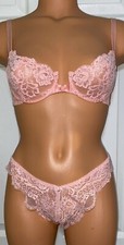 OSCAR de la RENTA VTG - PEACH NYLON/LACE BRA BIKINI PANTIES USA 34B M/6