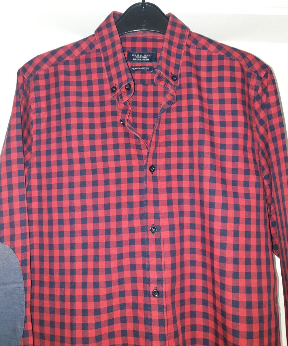 ZARA CAMICIA UOMO ROSSA NERA A QUADRI MANICHE LUNGHE CON TOPPE AI