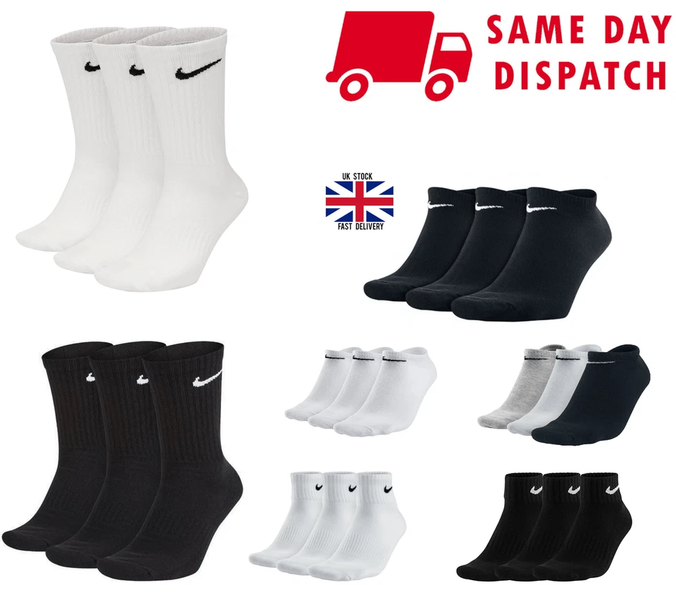 NIKE SOCKS 3 PAIRS PACK - LIGHTWEIGHT CREW ANKLE MENS WOMENS SPORTS UK