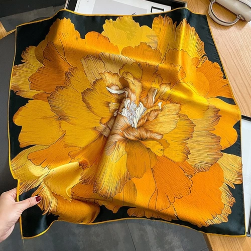 100% Maulbeerseide Quadrat Schal Damen Halstuch Halstuch Floral Gelb Blume 65 cm - Bild 2 von 5
