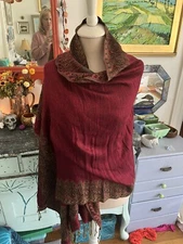 Large Pashmina Scarf or Shawl with Fringe Fine Wool Maroon Gold VGUC
