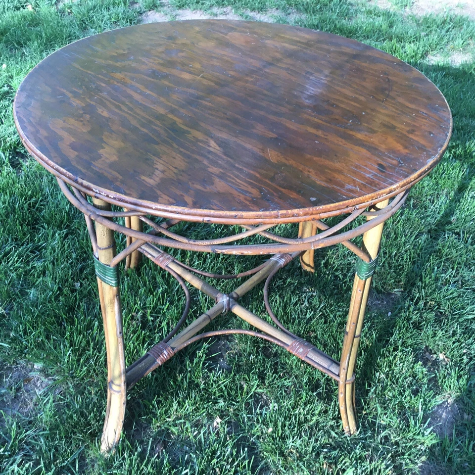 Arts & Crafts Aesthetic Round Wood Table Bamboo Legs &Trim -JB Vansciver Labeled - Image 2 of 4