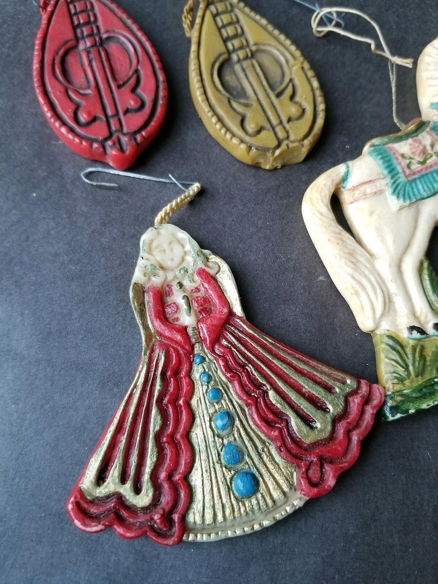 8 Vintage German Wax Christmas Ornaments, Horse, Angel, Heart
