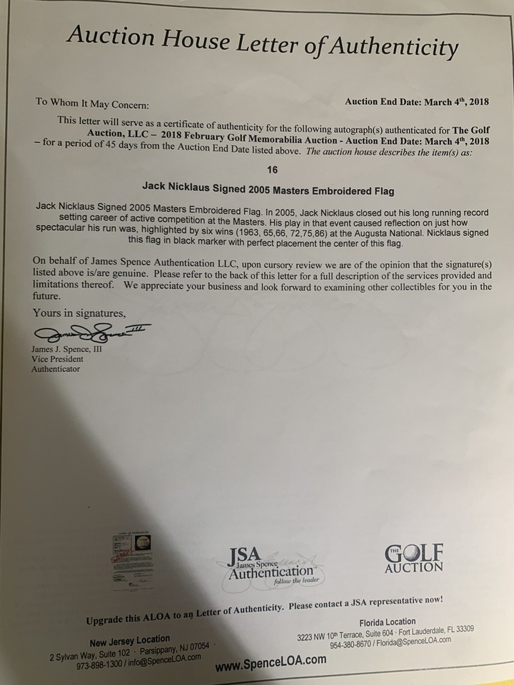 Jack Nicklaus Signed 2005 Masters Flag JSA Auction House LOA eBay