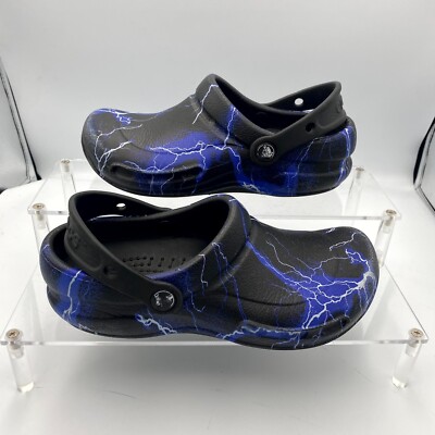Crocs Bistro Unisex M4/W6 Work Clogs Black Lightning Bolts Graphic Slip On Shoes