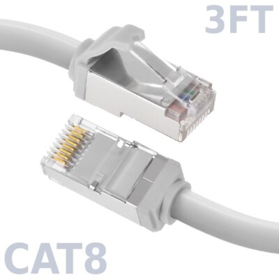 3FT Ethernet LAN Network Cat8 RJ45 S/FTP Cable Shielded Cord 28AWG 2GHz White
