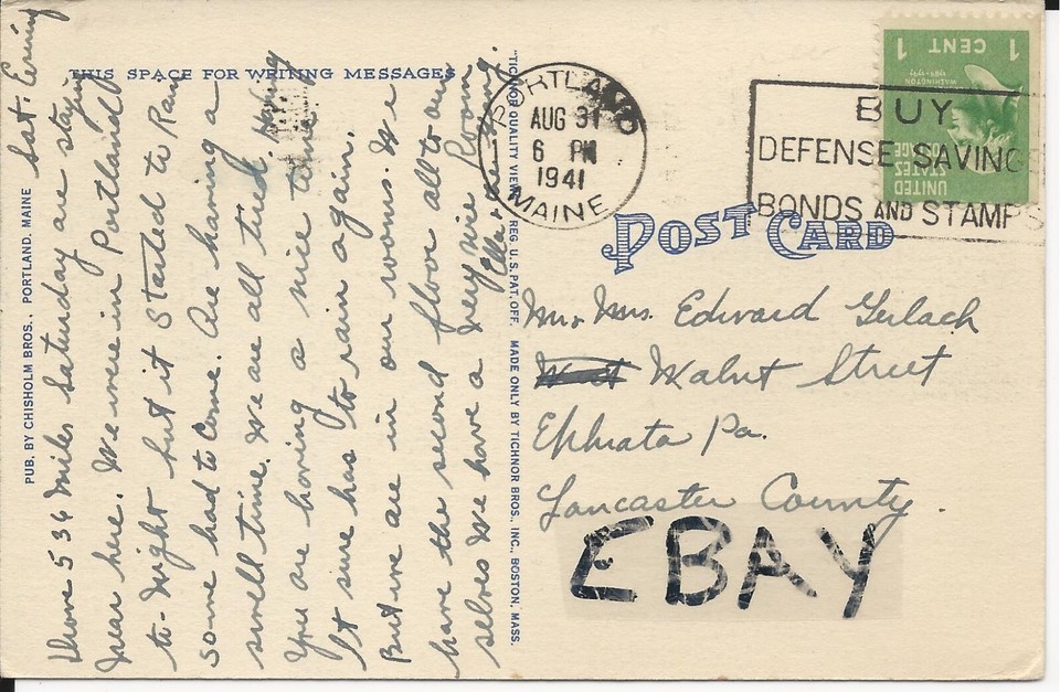 1941 GREETINGS FROM PORTLAND ME MAINE TO EDWARD GERLACH EPHRATA PA