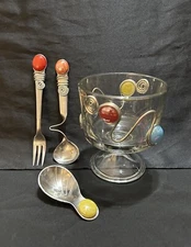 Vtg Retro Ice Cream Dessert Plating Set Glass Cup Spoons Fork Wired Shiny Beads
