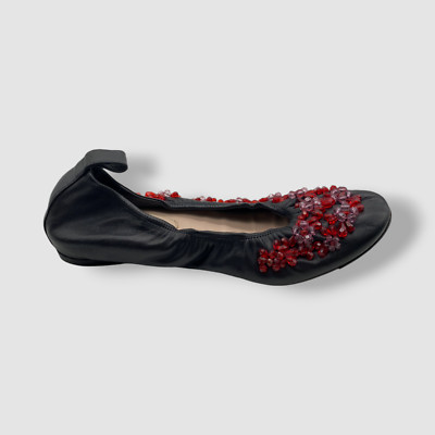 Simone Rocha Women's Black/Red Leather Beaded Ballet Flat Shoes Size 38