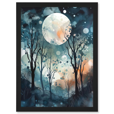 Full Moon Winter Forest Landscape Snowfall Night Framed Art Picture Print A4