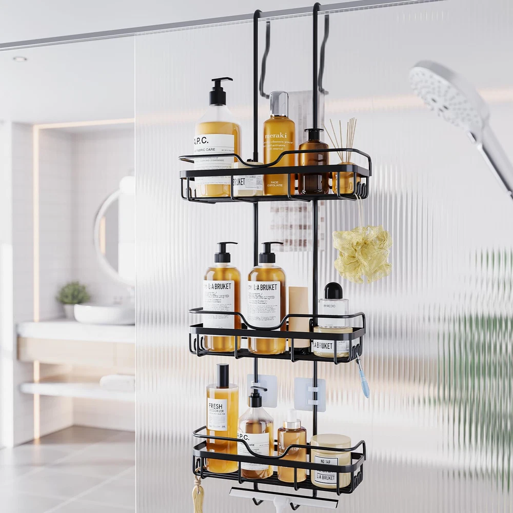 Shower Caddy Over the Door Organizer: Bath Rack Hanging Over Glass with Hooks...