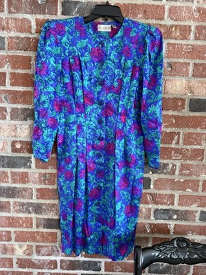Vtg Adrianna Papell  Womens Purple Blue Floral  100% Silk Button Wrap Dress 8