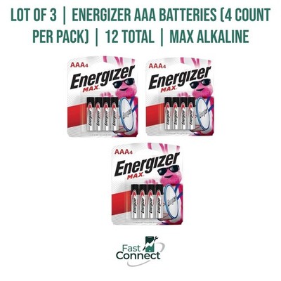 Lot of 3 | Energizer AAA Batteries (4 Count Per Pack) | 12 Total | Max Alkaline