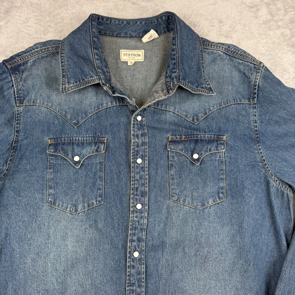 Camisa Stetson Western Nativa 2XL Denim Algodón Desvanecido Azteca Bordado Perla A Presión Foto 3 de 4