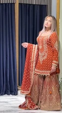 Indian Style Orange Faux Georgette Kurta Palazzo With Dupatta For Wedding