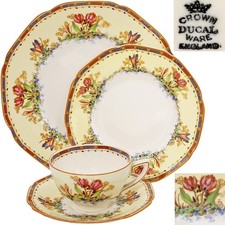 Vintage Crown Ducal Hand Paint 9" Dinner Plate 7" Plate Cup Saucer Easter Tulip
