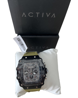Activa Skeleton Mens Watch Black Case Olive Green Silicone Strap NIB ACW2305-011