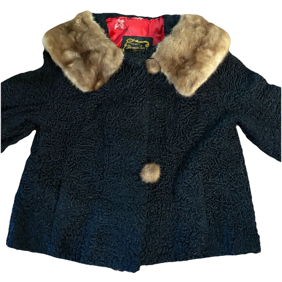 Vintage THOMAS PAIN Brown Rabbit Fur Black Jacket Coat Cropped CALGARY CANADA — 第 2/4 张图片