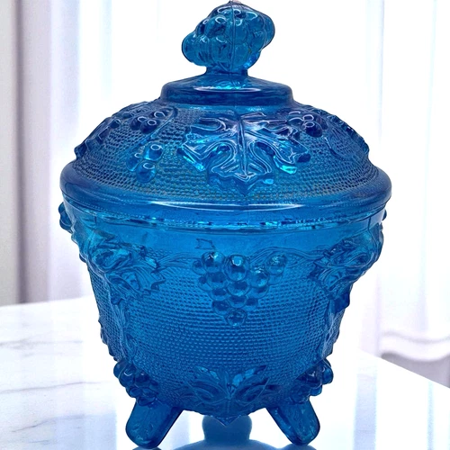 Jeanette Glass Footed Covered Candy Dish Cobalt Blue Trinket Dish 1950s Vintage