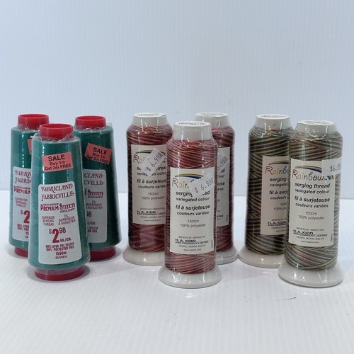 Lot Of 8 Mixed Serger Thread Various Colors Fabricland Green Rainbow Variegated