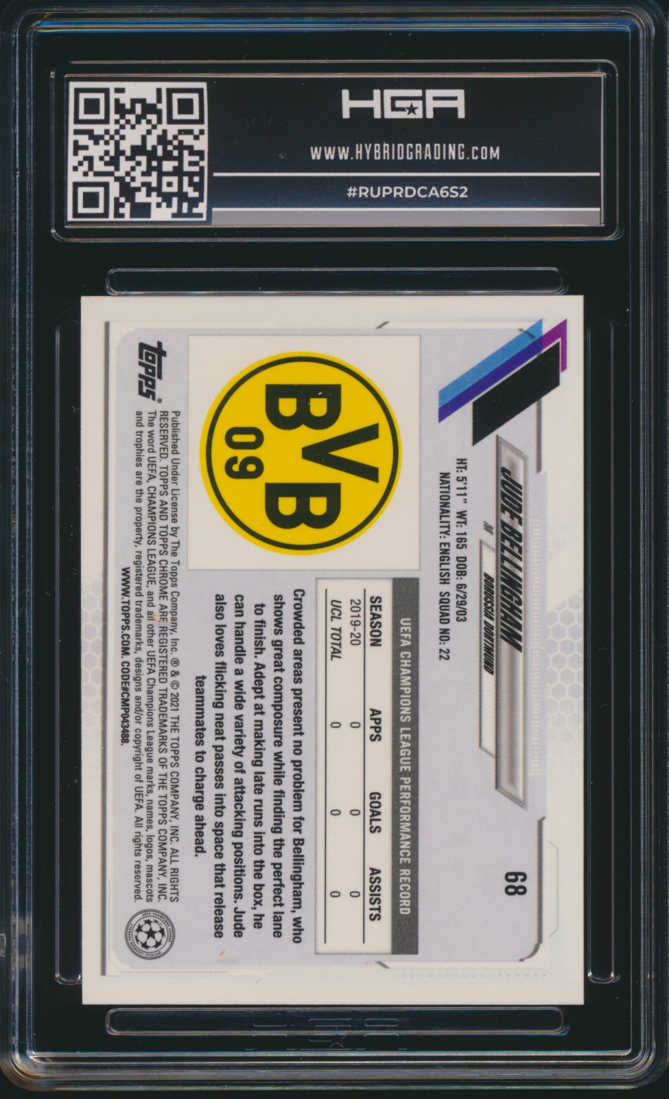 2020-21 Topps Chrome Jude Bellingham RC Pink Wave Xfractor #68 HGA 9.5 Gem Mint view 2