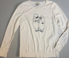 LOFT Outlet White Lightweight Knit Crew Neck Pullover Sweater Embroidered M