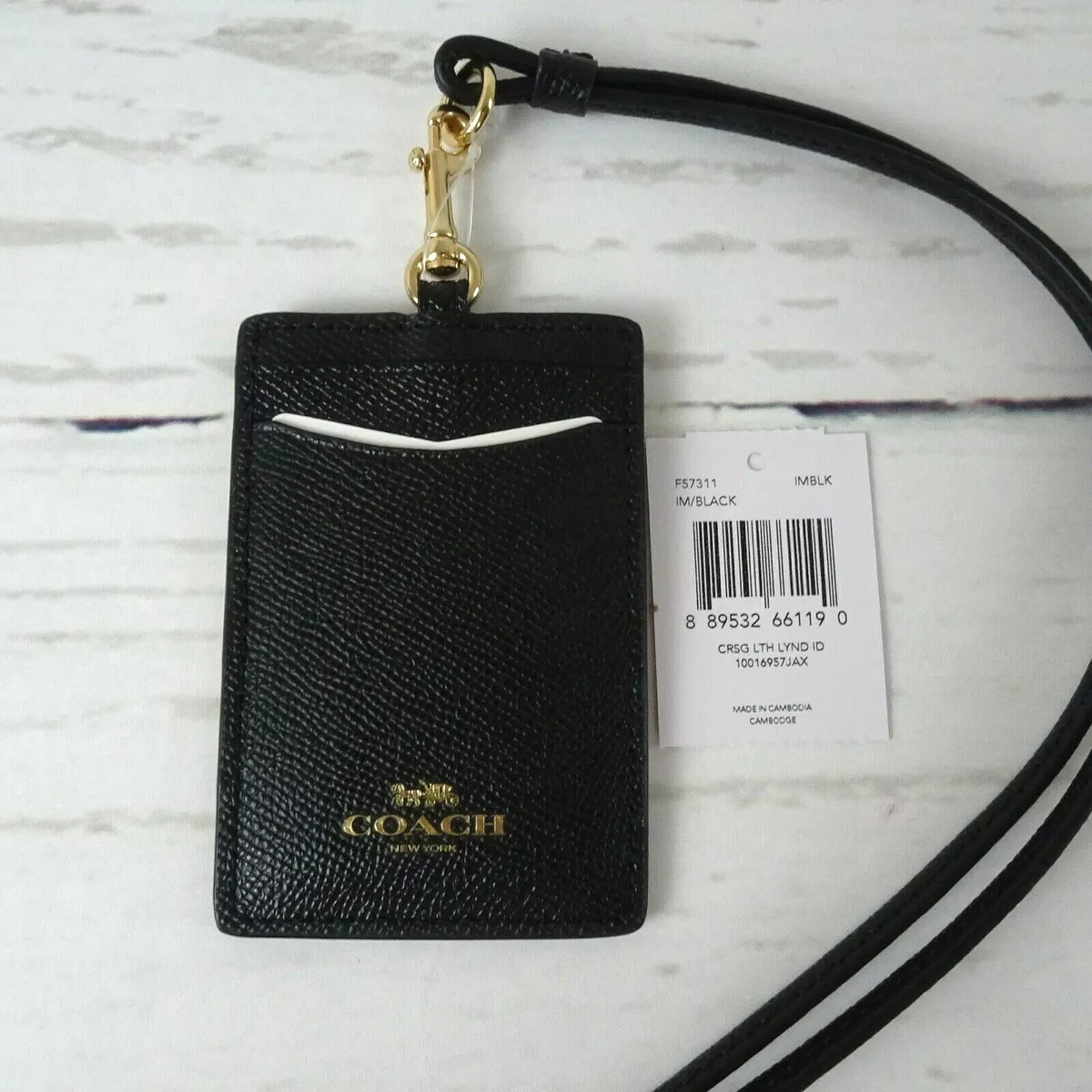  Coach ID Lanyard Badge Holder In Crossgrain Leather  (Black/Gold) : Office Products