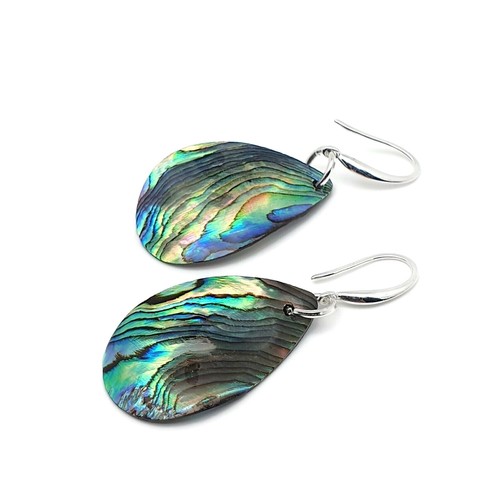Paua Earrings Rainbow Abalone Natural Shell Dangle Drop Sterling Silver Hooks - Picture 37 of 84