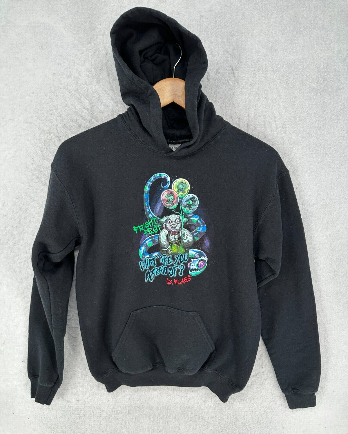 Six Flags Fright Fest Youth XL Hoodie with Scary Clown Graphic