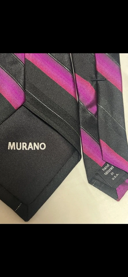 Murano 男式丝绸领带黑色/紫红色条纹美国制造 — 第 3/3 张图片